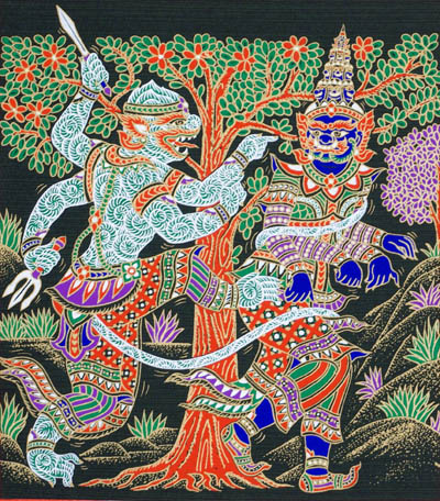 serigraphie du cambodge ramayana hanuman et ravana